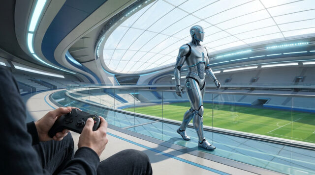 Robot humanoïde : piloter le futur à la manette Une personne tenant une manette de jeu contrôle un robot humanoïde argenté marchant dans un stade futuriste.
