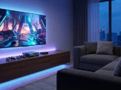 Accessoires Steam Machine 2026 : optimisez votre setup salon Setup gaming moderne avec TV murale, console Steam Machine, manettes et éclairage LED bleu dans un salon confortable.