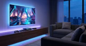 Setup gaming moderne avec TV murale, console Steam Machine, manettes et éclairage LED bleu dans un salon confortable.