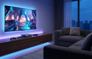 Accessoires Steam Machine 2026 : optimisez votre setup salon Setup gaming moderne avec TV murale, console Steam Machine, manettes et éclairage LED bleu dans un salon confortable.