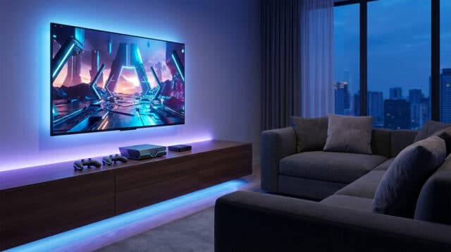 Optimisez votre setup salon avec Steam Machine 2026 Setup gaming moderne avec TV murale, console Steam Machine, manettes et éclairage LED bleu dans un salon confortable.