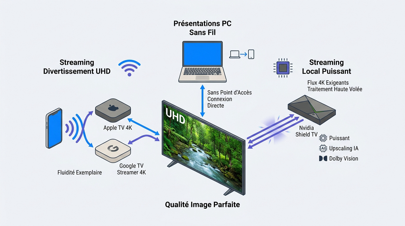 Boîtiers de streaming 4K et solutions sans fil pour salon moderne