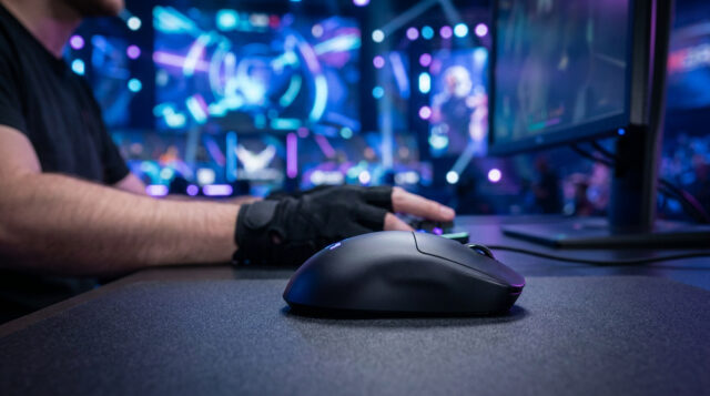 Logitech G Pro X Superlight 3 : focus esport Gros plan sur une souris gaming Logitech G Pro X Superlight 3 posée sur un tapis, avec un joueur en arrière-plan.