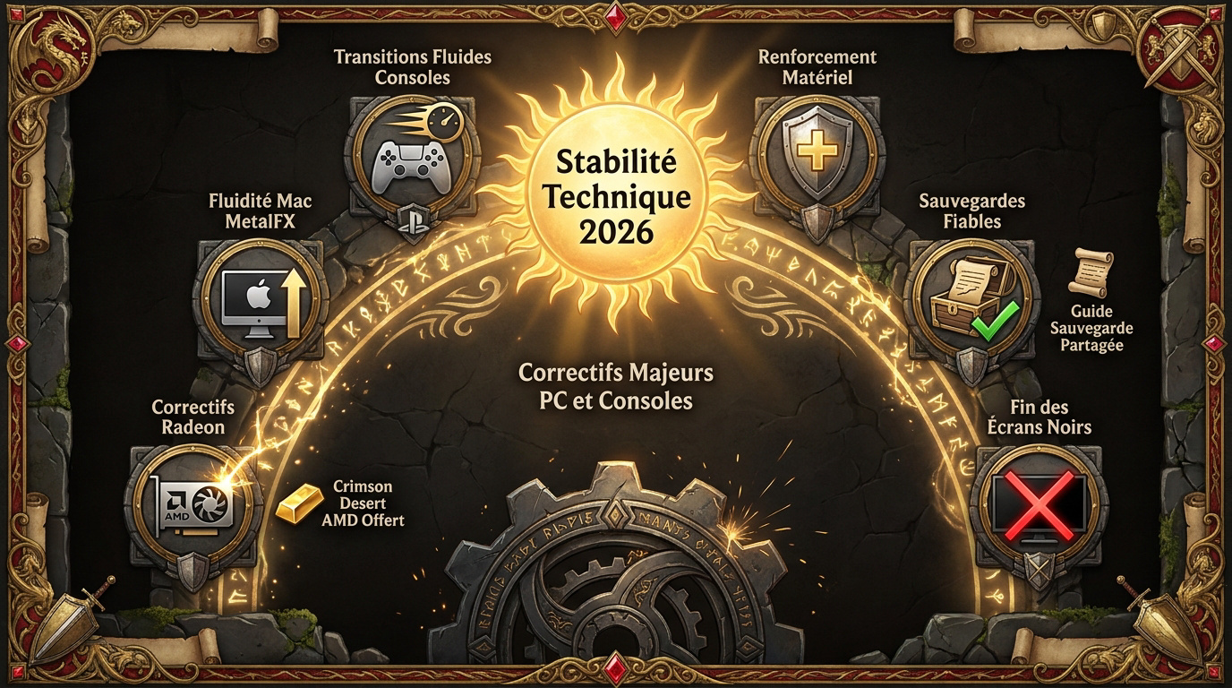 Interface de Crimson Desert montrant les améliorations techniques et graphiques sur PC et consoles