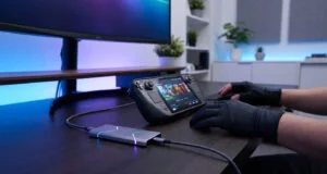 Un Steam Deck connecté à un SSD externe argenté avec éclairage LED bleu sur un bureau moderne.