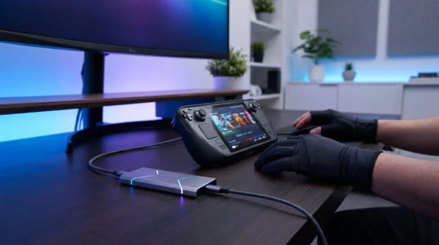 Un Steam Deck connecté à un SSD externe argenté avec éclairage LED bleu sur un bureau moderne.