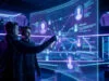 Mercato LEC hiver 2026 : les transferts qui vont tout changer Deux analystes e-sport scrutent un écran holographique affichant des profils de joueurs et des flux de données.