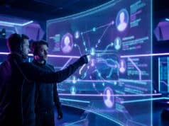 Mercato LEC hiver 2026 : les transferts qui vont tout changer Deux analystes e-sport scrutent un écran holographique affichant des profils de joueurs et des flux de données.