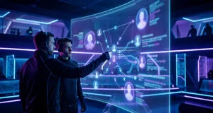 Deux analystes e-sport scrutent un écran holographique affichant des profils de joueurs et des flux de données.