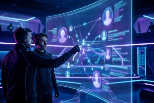 Deux analystes e-sport scrutent un écran holographique affichant des profils de joueurs et des flux de données.