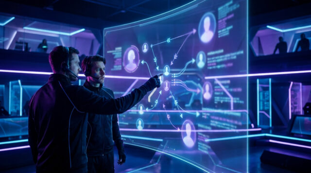 Deux analystes e-sport scrutent un écran holographique affichant des profils de joueurs et des flux de données.