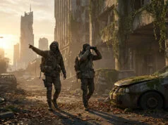 Les meilleurs jeux de zombie gratuits sur Steam en 2026 Deux survivants en tenue militaire explorant une ville en ruines envahie par la végétation au coucher du soleil.