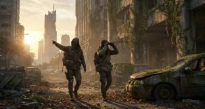 Deux survivants en tenue militaire explorant une ville en ruines envahie par la végétation au coucher du soleil.