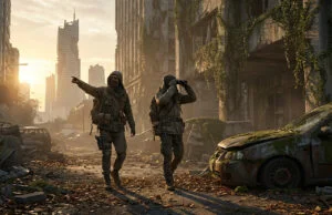 Les meilleurs jeux de zombie gratuits sur Steam en 2026 Deux survivants en tenue militaire explorant une ville en ruines envahie par la végétation au coucher du soleil.