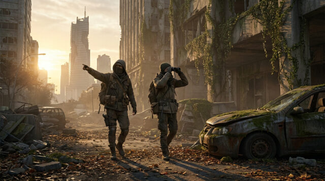 Survie en milieu post-apocalyptique Deux survivants en tenue militaire explorant une ville en ruines envahie par la végétation au coucher du soleil.