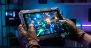 Une personne porte des gants en cuir et joue à un jeu vidéo futuriste sur une tablette robuste dans un décor gaming.