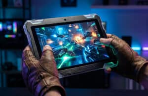 Meilleures tablettes gaming 2026 : quel modèle pour jouer ? Une personne porte des gants en cuir et joue à un jeu vidéo futuriste sur une tablette robuste dans un décor gaming.