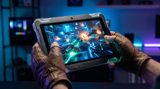 Meilleures tablettes gaming 2026 : guide d'achat Une personne porte des gants en cuir et joue à un jeu vidéo futuriste sur une tablette robuste dans un décor gaming.