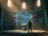 Un aventurier observe une interface holographique futuriste dans un temple en pierre ancien et mystique.