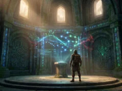 Patch crimson desert 1.18.00 : stabilité et confort au top Un aventurier observe une interface holographique futuriste dans un temple en pierre ancien et mystique.