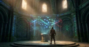 Un aventurier observe une interface holographique futuriste dans un temple en pierre ancien et mystique.
