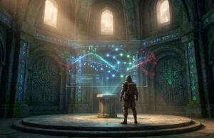 Un aventurier observe une interface holographique futuriste dans un temple en pierre ancien et mystique.