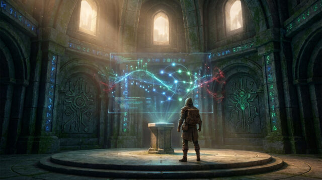 Crimson Desert : Mise à jour 1.18.00 Un aventurier observe une interface holographique futuriste dans un temple en pierre ancien et mystique.