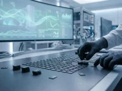 Un technicien en gants de laboratoire teste des cartes microSD sur un banc de contrôle informatique sophistiqué.