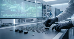 Un technicien en gants de laboratoire teste des cartes microSD sur un banc de contrôle informatique sophistiqué.