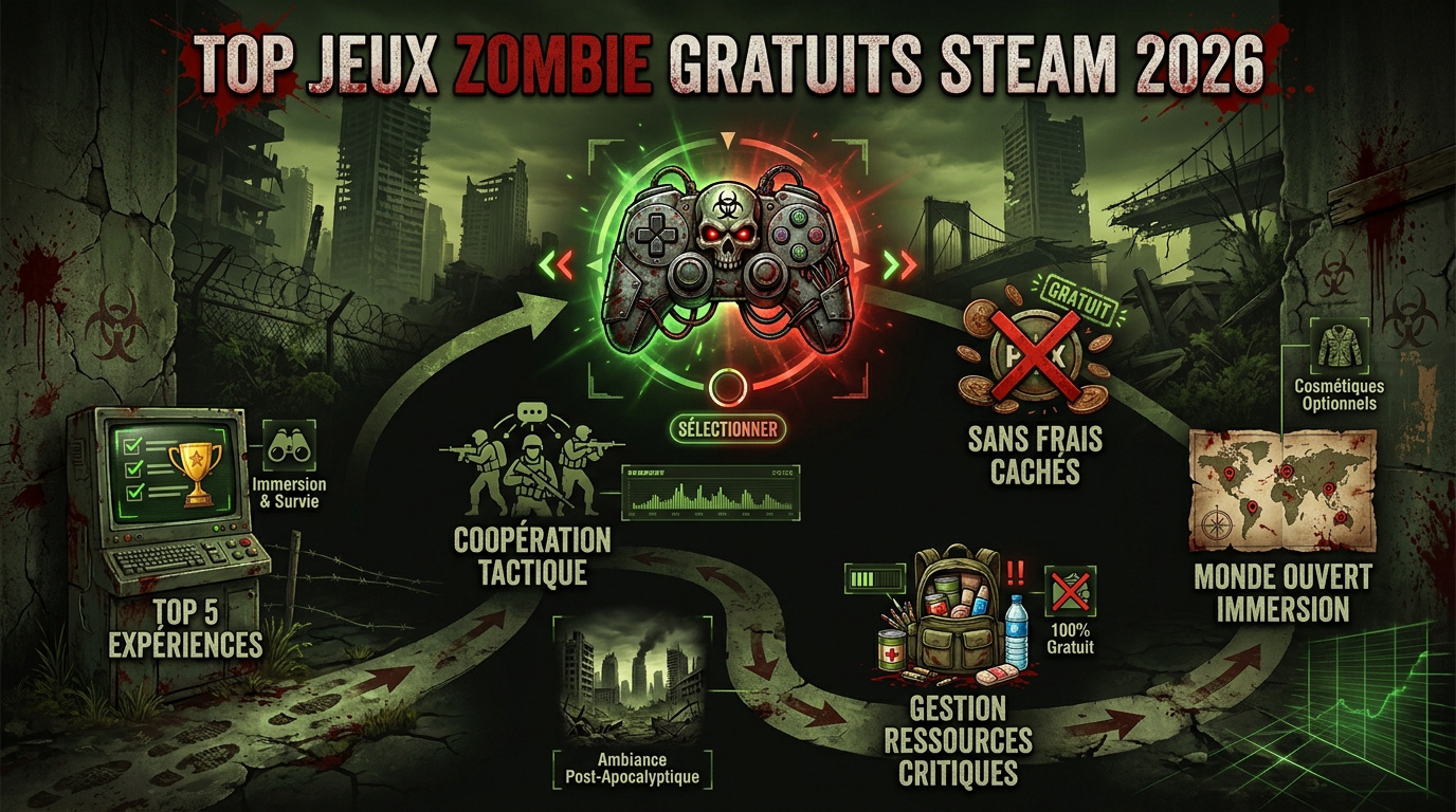 Survivants affrontant une horde de zombies dans un environnement urbain dévasté