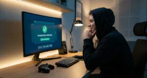 Un joueur en sweat à capuche regarde un écran affichant une confirmation de remboursement après 400 heures de jeu.