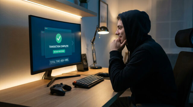 Remboursement Steam record : 400 heures jouées Un joueur en sweat à capuche regarde un écran affichant une confirmation de remboursement après 400 heures de jeu.