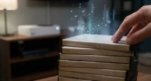 Une main touche une pile de boîtiers de jeux vidéo avec un effet de particules numériques s'en échappant.