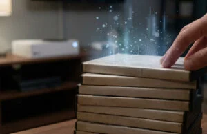 Fin des jeux physiques PlayStation : le choc de 2028 Une main touche une pile de boîtiers de jeux vidéo avec un effet de particules numériques s'en échappant.