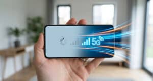 Main tenant un smartphone avec des icônes de chargement et de signal 5G entourées d'effets de vitesse lumineux.