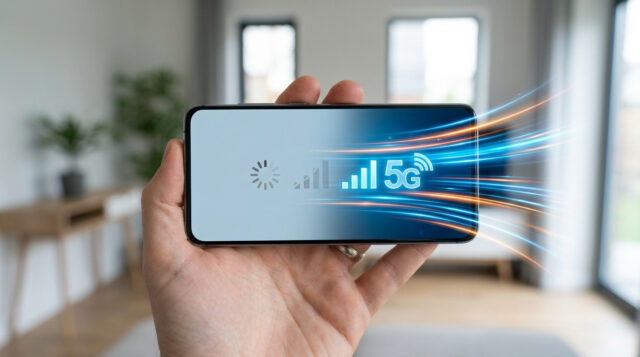 Optimiser la vitesse internet de votre smartphone Main tenant un smartphone avec des icônes de chargement et de signal 5G entourées d'effets de vitesse lumineux.
