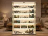 Comment protéger et exposer ses sets LEGO gaming chez soi Une grande vitrine en verre éclairée par des LED contenant divers modèles LEGO dans un salon élégant.