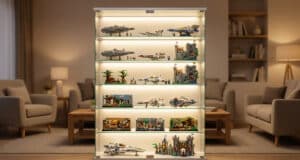 Une grande vitrine en verre éclairée par des LED contenant divers modèles LEGO dans un salon élégant.