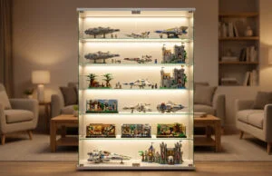 Comment protéger et exposer ses sets LEGO gaming chez soi Une grande vitrine en verre éclairée par des LED contenant divers modèles LEGO dans un salon élégant.