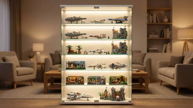 Vitrine lumineuse pour collection LEGO Une grande vitrine en verre éclairée par des LED contenant divers modèles LEGO dans un salon élégant.
