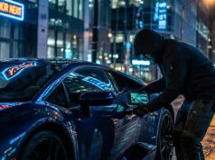 Vol voiture GTA 6 : le nouveau système de sécurité réaliste Un individu encapuchonné utilise un appareil électronique pour pirater la porte d'une voiture de sport sous la pluie.