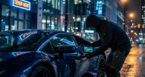Un individu encapuchonné utilise un appareil électronique pour pirater la porte d'une voiture de sport sous la pluie.