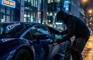 Un individu encapuchonné utilise un appareil électronique pour pirater la porte d'une voiture de sport sous la pluie.