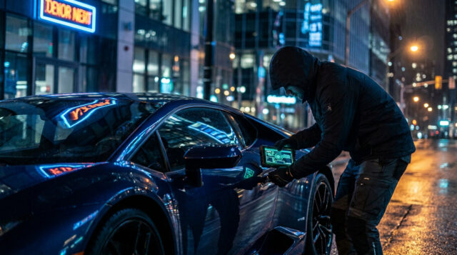 Vol de voiture haute technologie dans GTA 6 Un individu encapuchonné utilise un appareil électronique pour pirater la porte d'une voiture de sport sous la pluie.
