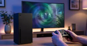 Console Xbox Series X posée sur une table avec une personne jouant sur un écran affichant un jeu en version bêta.