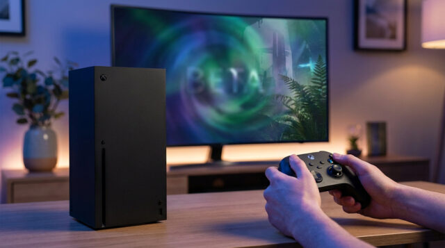 Jeux gratuits Xbox : profitez de votre week-end Console Xbox Series X posée sur une table avec une personne jouant sur un écran affichant un jeu en version bêta.