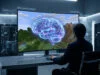 Cerveau de mouche dans Minecraft : l’exploit de GPT-6 Astra Un chercheur observe un cerveau numérique holographique superposé sur un paysage Minecraft dans un centre de données.