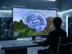 Cerveau de mouche dans Minecraft : l’exploit de GPT-6 Astra Un chercheur observe un cerveau numérique holographique superposé sur un paysage Minecraft dans un centre de données.