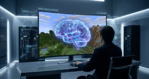 Un chercheur observe un cerveau numérique holographique superposé sur un paysage Minecraft dans un centre de données.