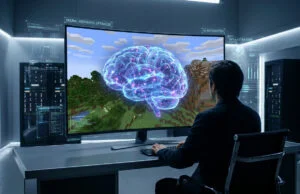 Cerveau de mouche dans Minecraft : l’exploit de GPT-6 Astra Un chercheur observe un cerveau numérique holographique superposé sur un paysage Minecraft dans un centre de données.